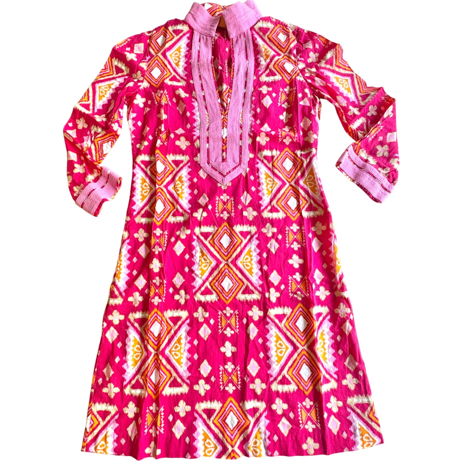 $349 Tory Burch 0/Xs Pink Ikat Geometric Cotton Tunic Dress Long Sleeve Resort
